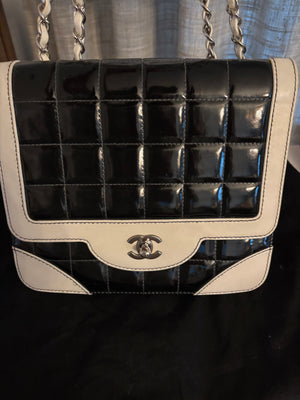 Chanel Vintage Black & White Patent Quilted Flap Bag