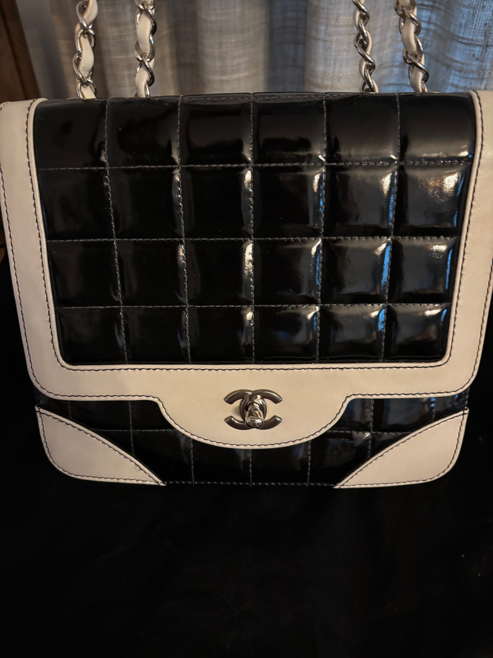Chanel Vintage Black & White Patent Quilted Flap Bag