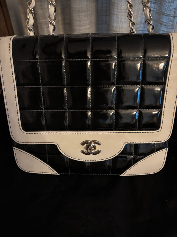 Chanel Vintage Black & White Patent Quilted Flap Bag