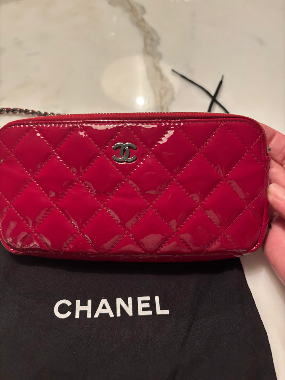 Chanel Red Patent CC double zip wallet on removable chain