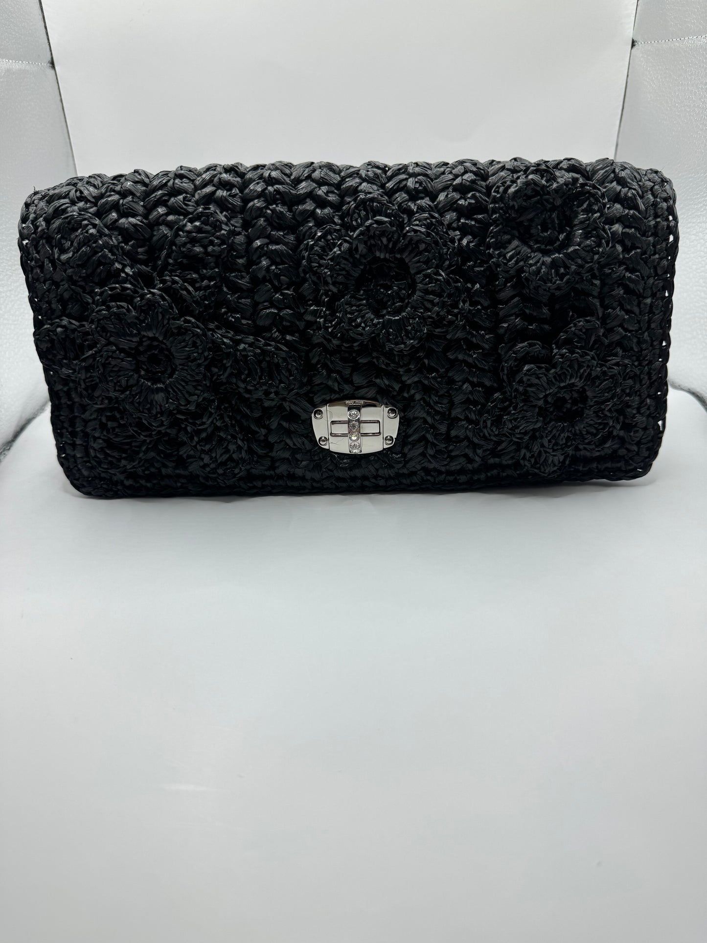 Miu Miu black raffia shoulder/crossbody bag with crystal embellish strap