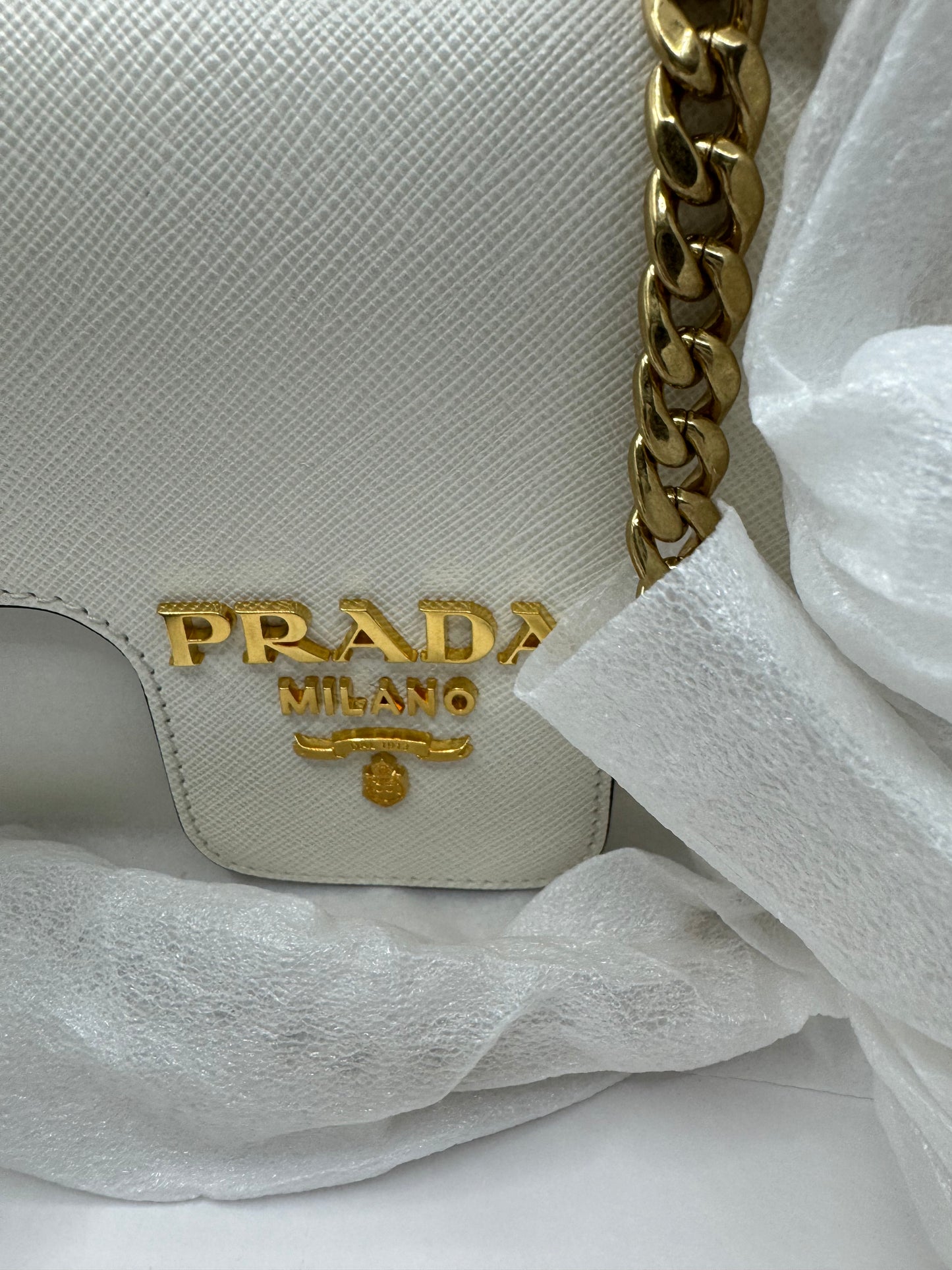 Prada Pattina Saffiano Crossbody White GHW