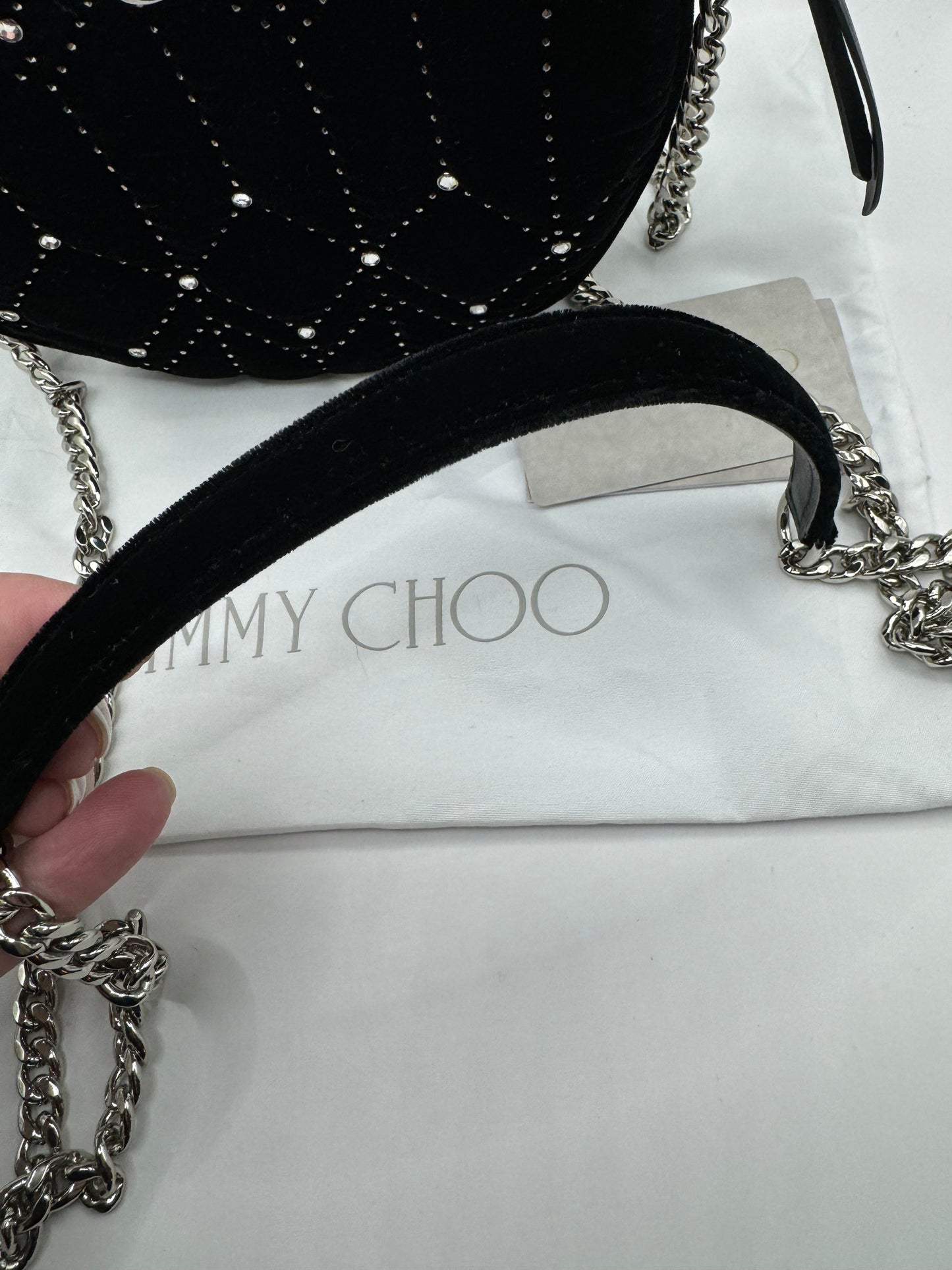 Jimmy Choo Velvet Round Crossbody with crystal detail