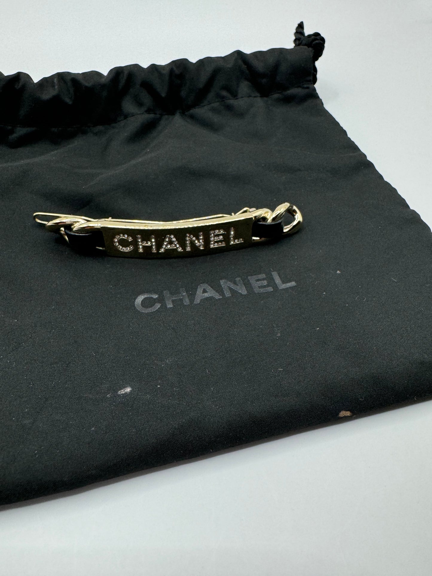 Chanel vintage leather & silver barrette with crystal Chanel name