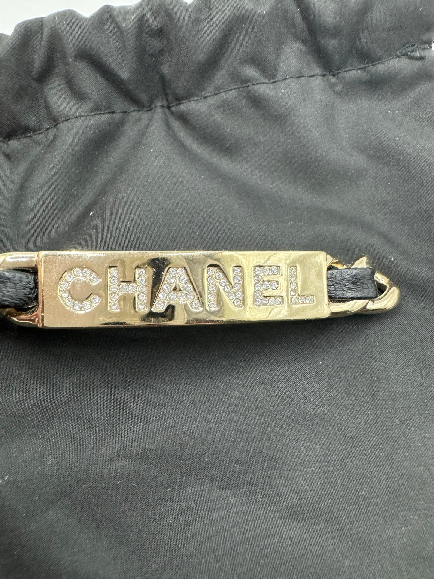 Chanel vintage leather & silver barrette with crystal Chanel name