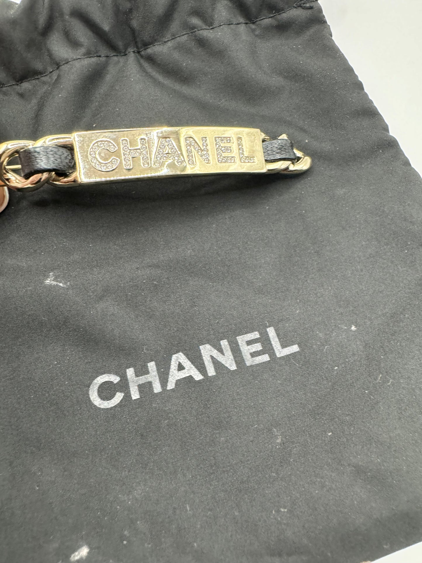 Chanel vintage leather & silver barrette with crystal Chanel name