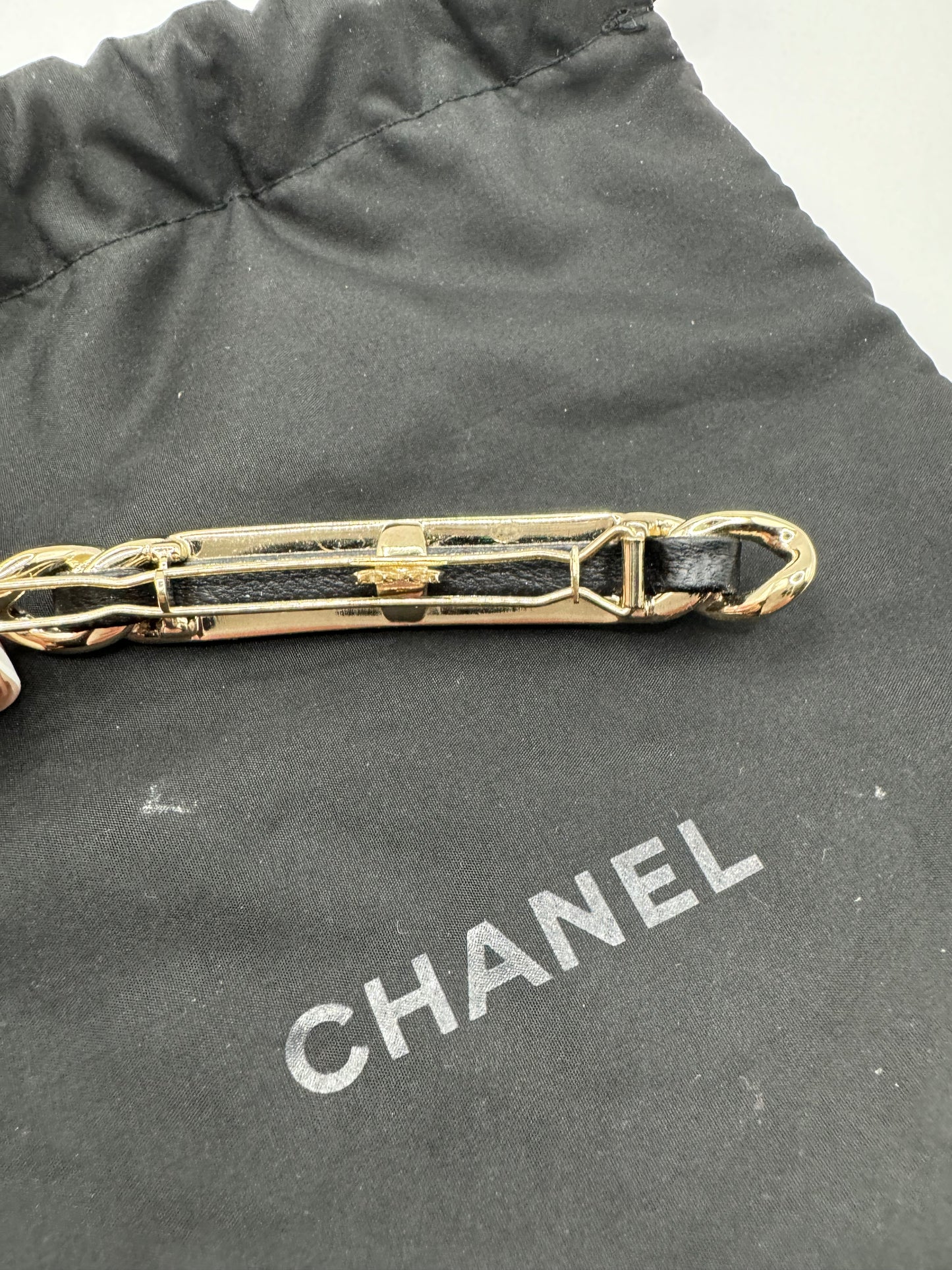 Chanel vintage leather & silver barrette with crystal Chanel name