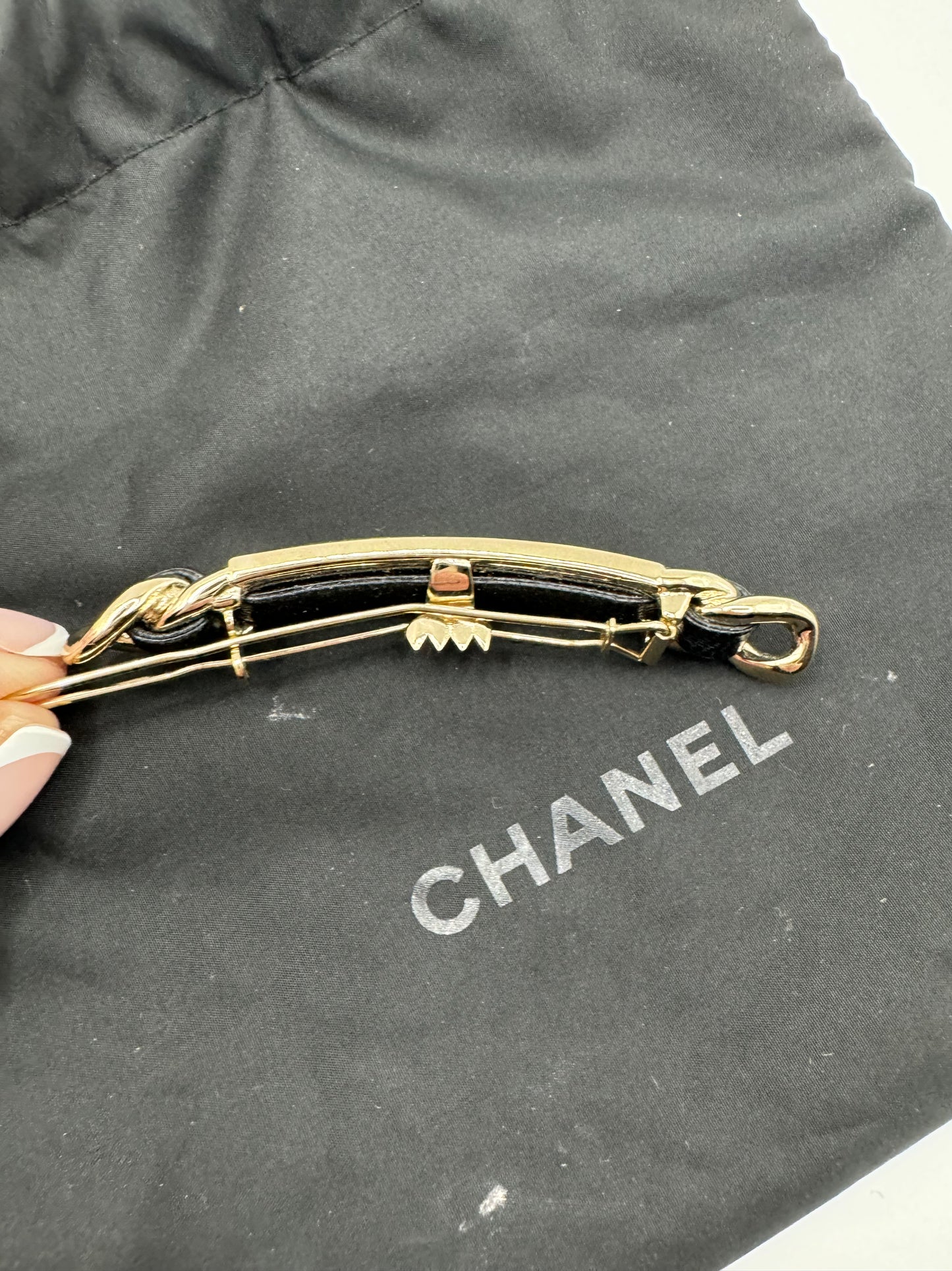 Chanel vintage leather & silver barrette with crystal Chanel name