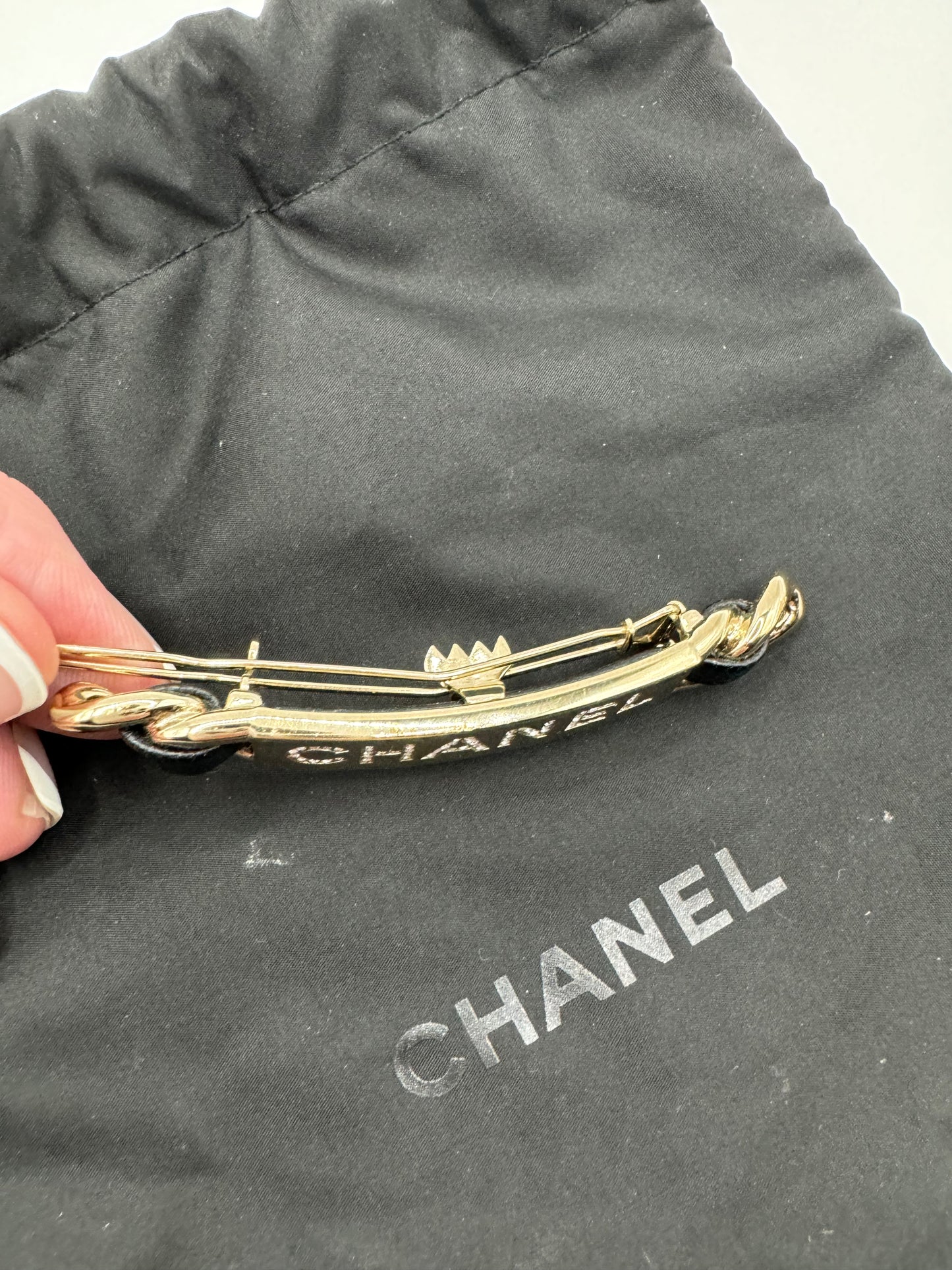 Chanel vintage leather & silver barrette with crystal Chanel name