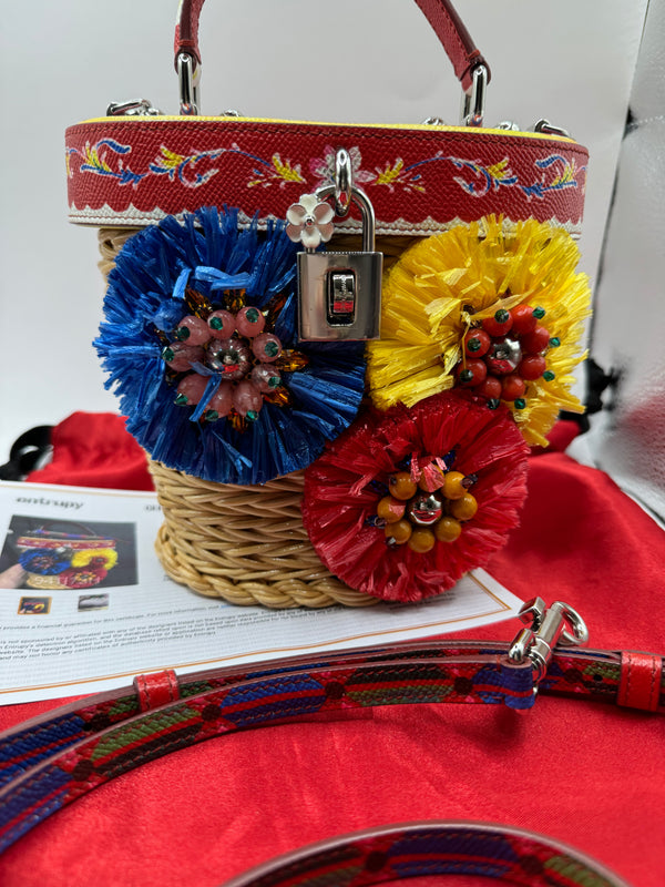 Dolce & Gabbana Multicolour Printed leather & Raffia Embellished top handle basket bag