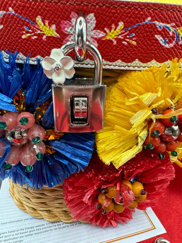 Dolce & Gabbana Multicolour Printed leather & Raffia Embellished top handle basket bag