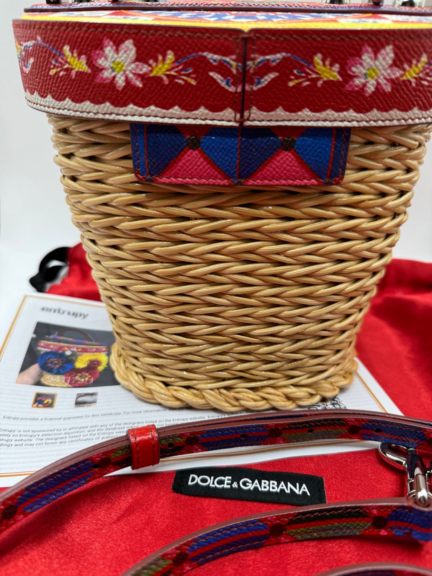 Dolce & Gabbana Multicolour Printed leather & Raffia Embellished top handle basket bag