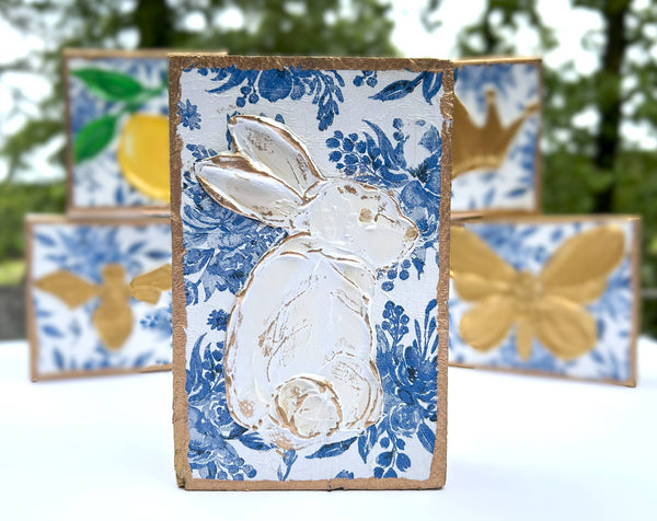 Chinoiserie Art Blocks |  botanicals blue white bridal tea: 4x6 bunny