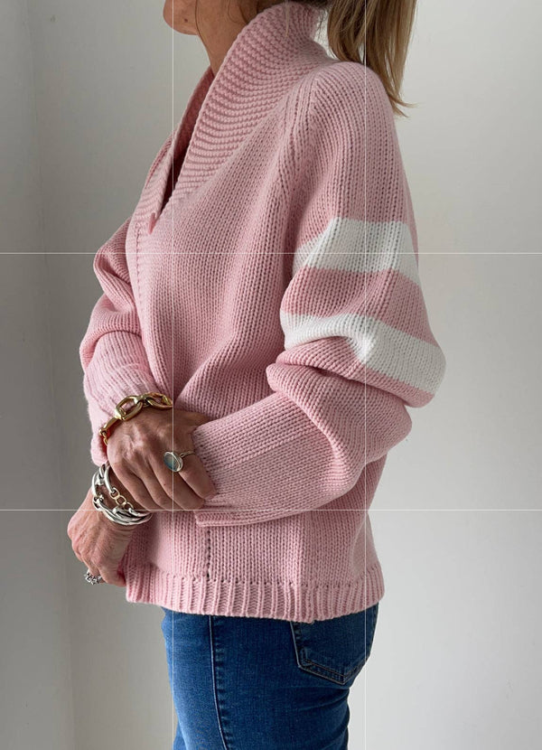Varsity Heart Cardigan in Pink/White: XS/S