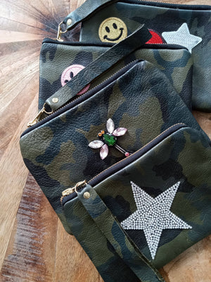 Trendy Camo Leather Wristlet with Patches: Star