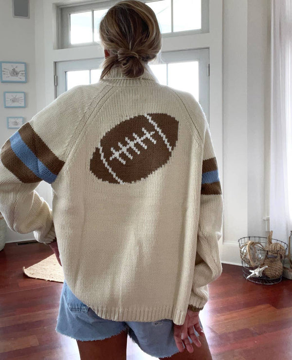 Football Varsity Cardigan In Ivory with Tan/Blue Stripe:
