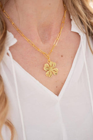 Gold Shamrock Charm Necklace with Paper Clip Chain - 18k Gold Plated - WS