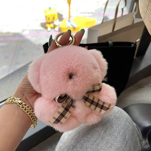 Real Fur Teddy Bear Bag Charm Keychain For Car Keys: Pink or White