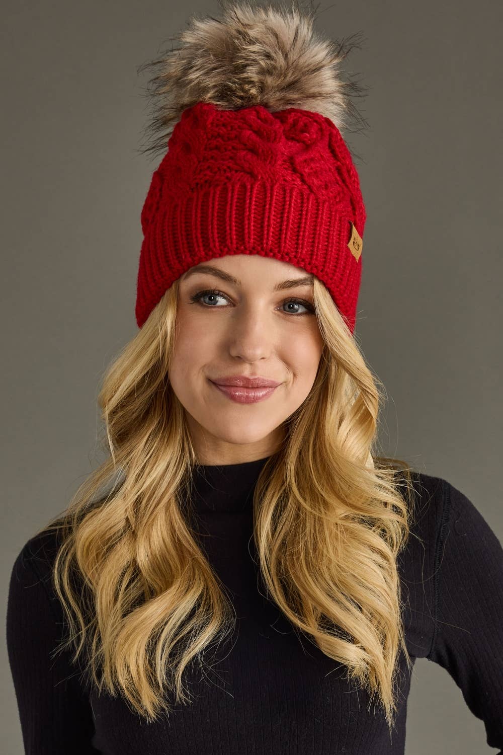 Red Cable Knit Pom Hat