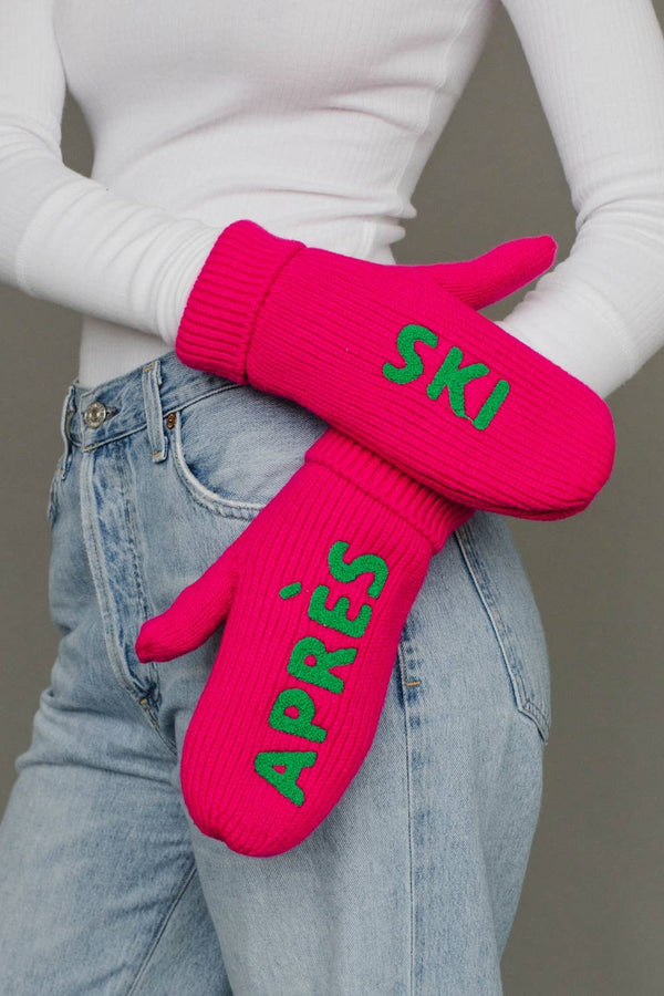 Bright Pink & Green Apres Ski Knit Mittens