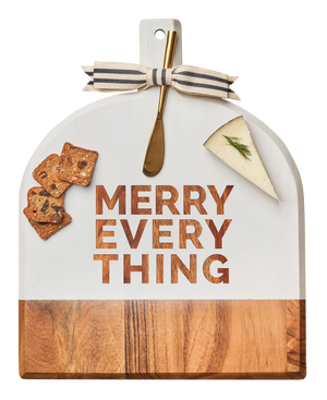 Acacia Bevel Board White w/ Ribbon & Gold Spreader Knife | Merry Everything | 15" X 12" X .6"