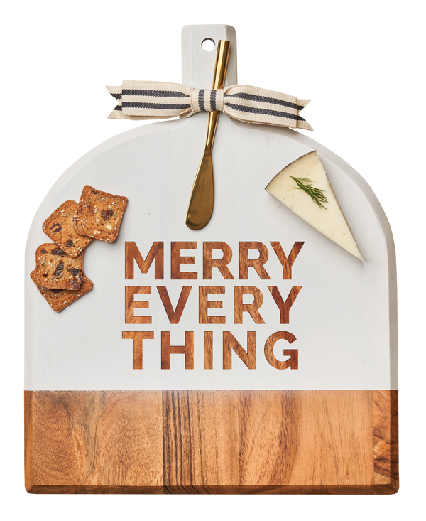 Acacia Bevel Board White w/ Ribbon & Gold Spreader Knife | Merry Everything | 15" X 12" X .6"