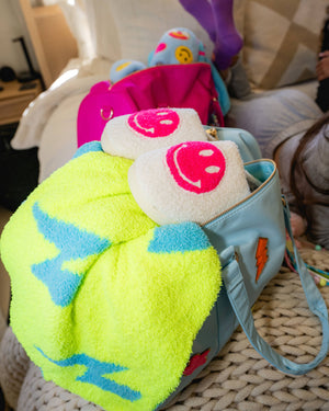 Smiley Face & Lightning Plush Throw Blankets Christmas Smiley Face Neon Fuchsia & New Sky Blue