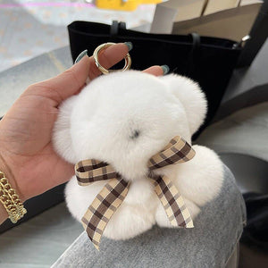 Real Fur Teddy Bear Bag Charm Keychain For Car Keys: Pink or White