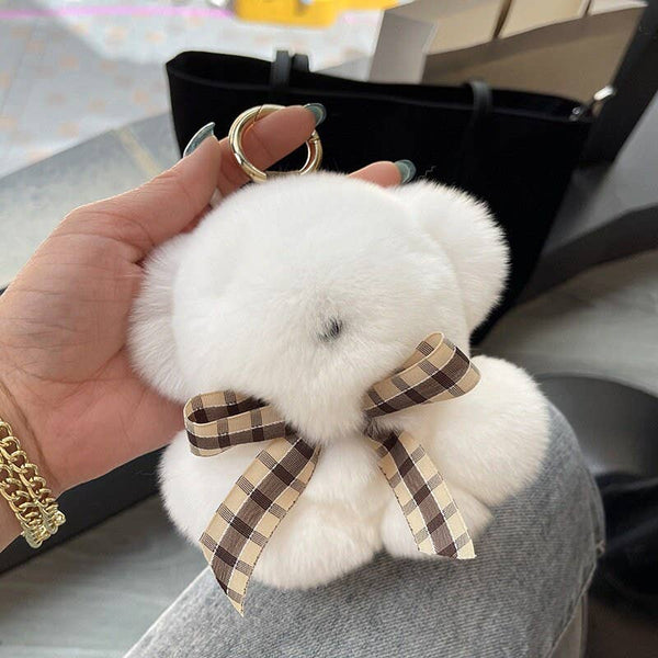 Real Fur Teddy Bear Bag Charm Keychain For Car Keys: Pink or White