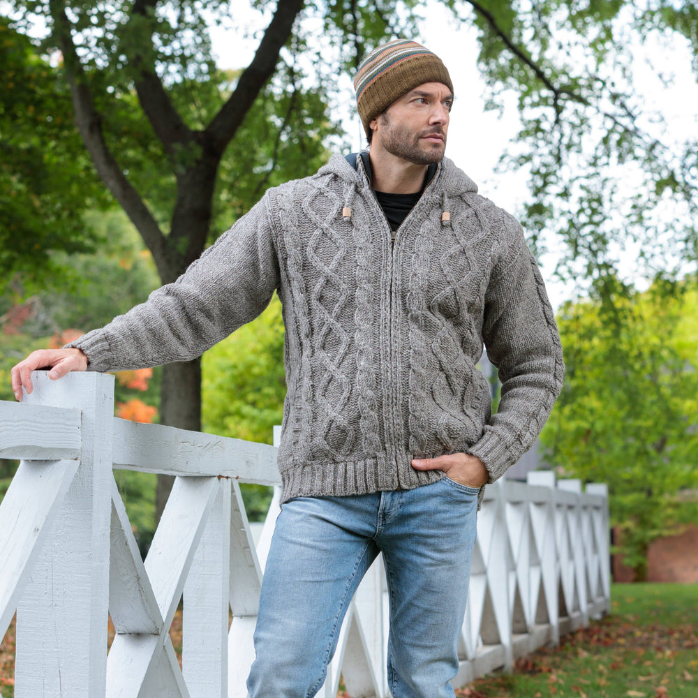 Ronan Wool Sweater with Full Zip and Cable Knit: Light Natural