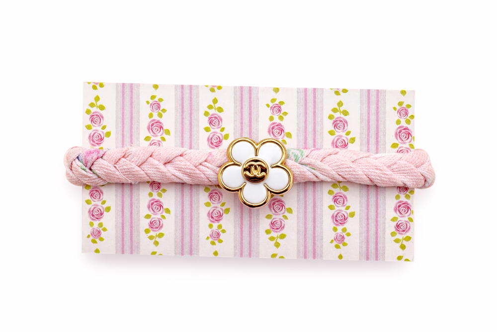 Upcycled Chanel Daisy Button Blush Rose Liberty Fabric Bracelet