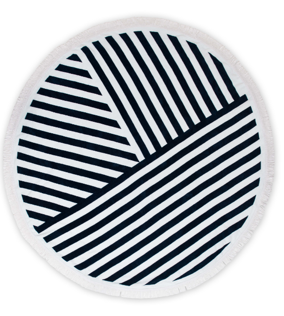 Round Beach Towel - Navy Blue And White Geometric Striped: No / N/A