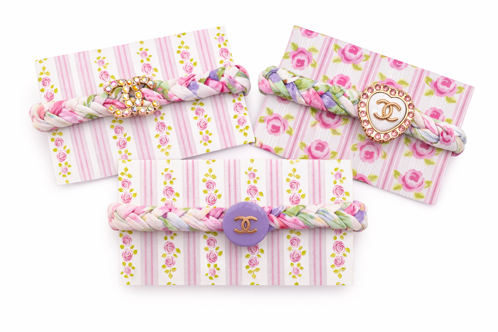 Upcycled Chanel Heart white with pink Button Pastel Garden Liberty Fabric Bracelet