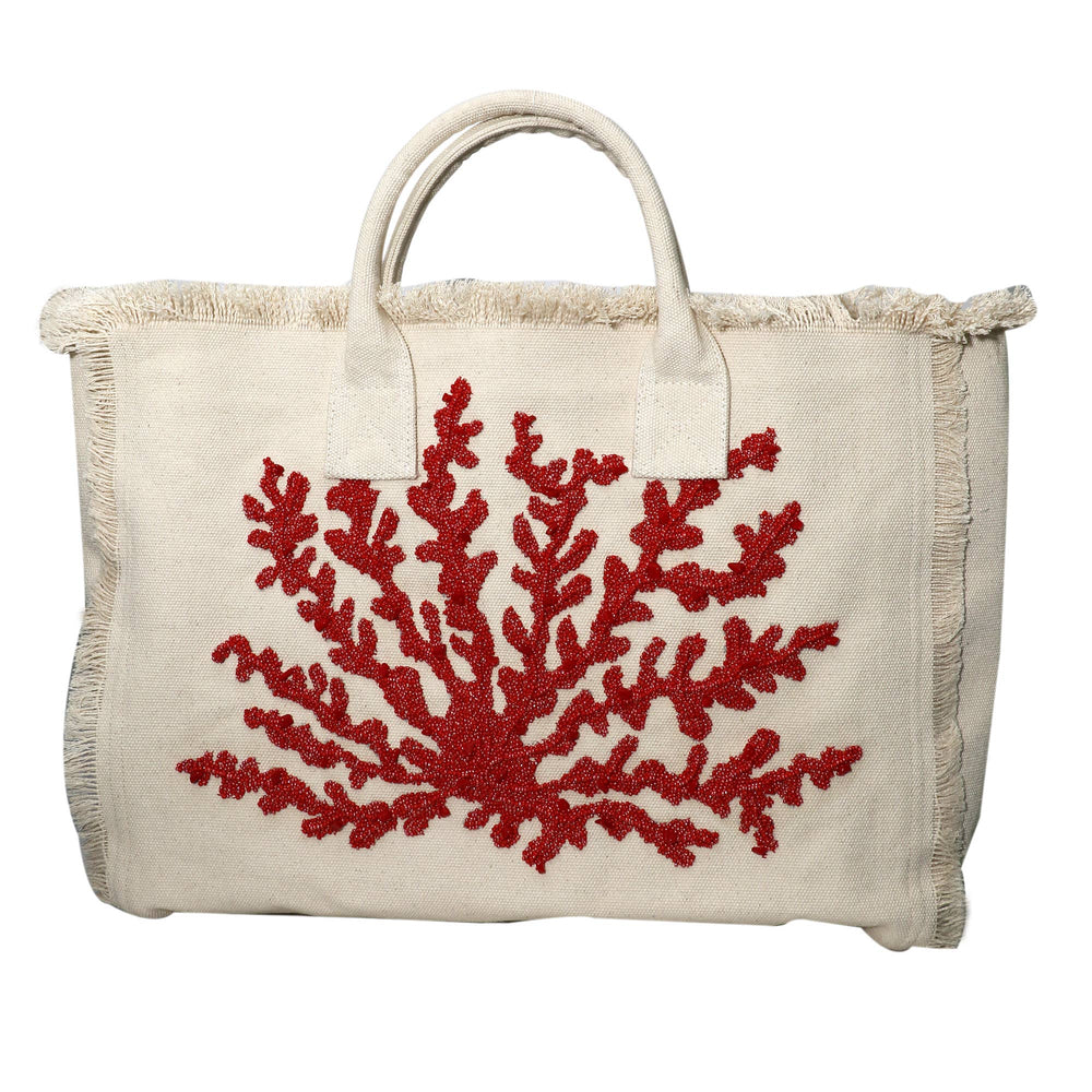 Beaded large coral canvas tote ￼