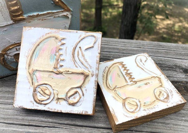 Baby Carriage handmade textured wood block: VARIETY PACK: cream or blue (6x6)