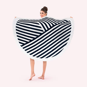 Round Beach Towel - Navy Blue And White Geometric Striped: No / N/A