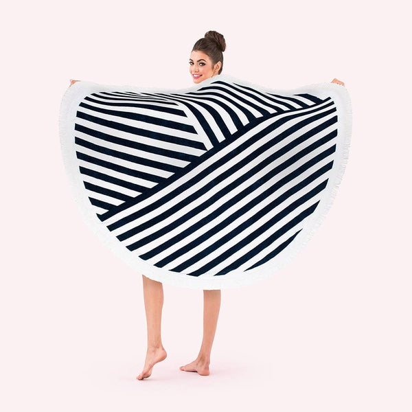 Round Beach Towel - Navy Blue And White Geometric Striped: No / N/A