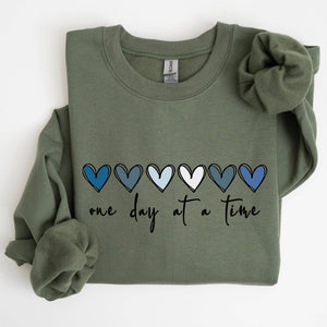 One Day At A Time, Mental Health,Wellness, Hearts Sweatshirt: White / Large