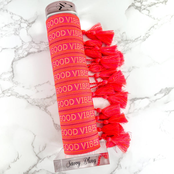 Good Vibes Bright Pink and Orange Embroidered Bracelet