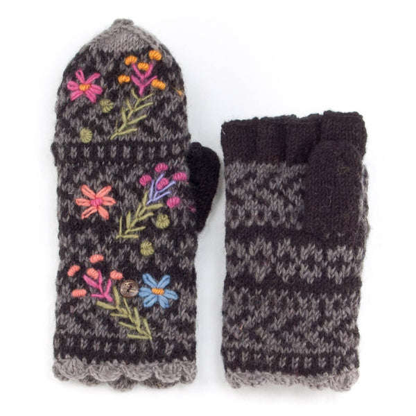 Aubrey Floral Embroidered Wool Flip Mittens | Handwarmer: Denim