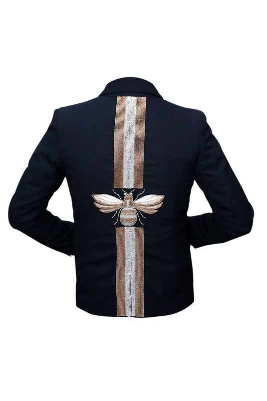 Beautiful beaded bee, patterned, blazer, gold & white . Navy fabric
