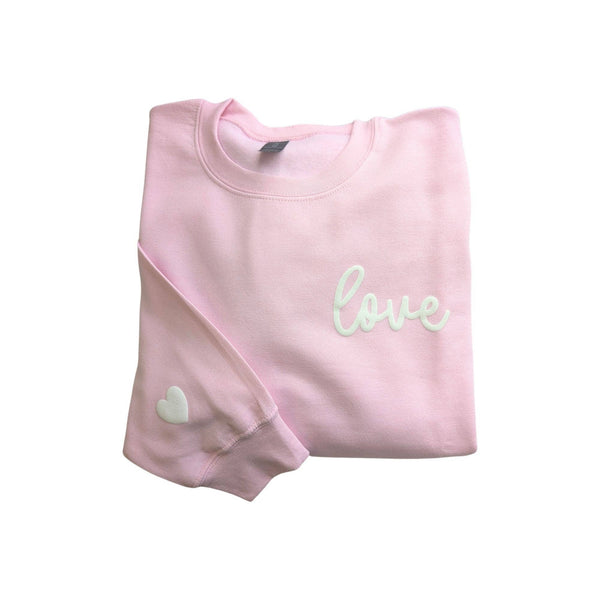 LOVE Sweater Puff Print Valentines Day Crewneck: Light Pink / Small