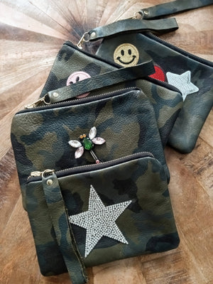 Trendy Camo Leather Wristlet with Patches: Star