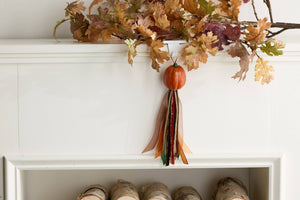 Seasonal Ceramic Ornament with Decorative Ribbon Streamer: Pumpkin