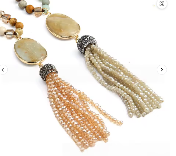 Mala Genuine Gemstone Lariat Tassel Necklace: Amazonite