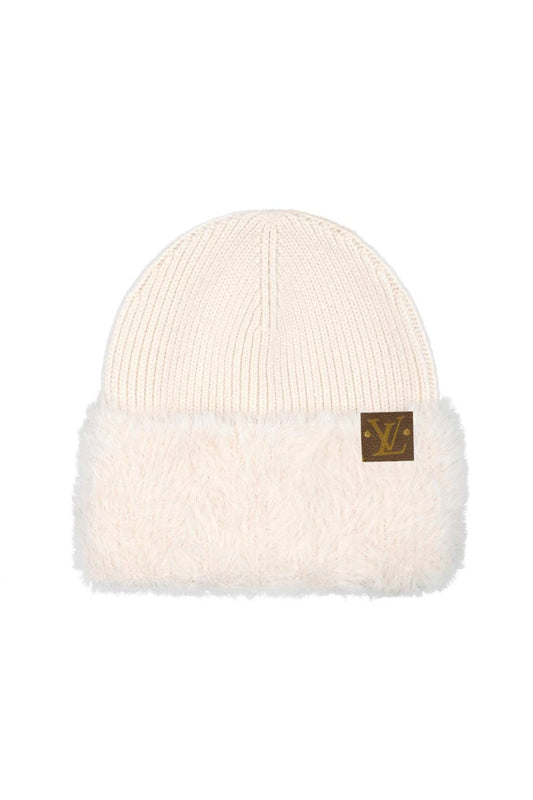 Upcycled Faux Fur Cuff Beanie: Ivory Authentic LV Patch