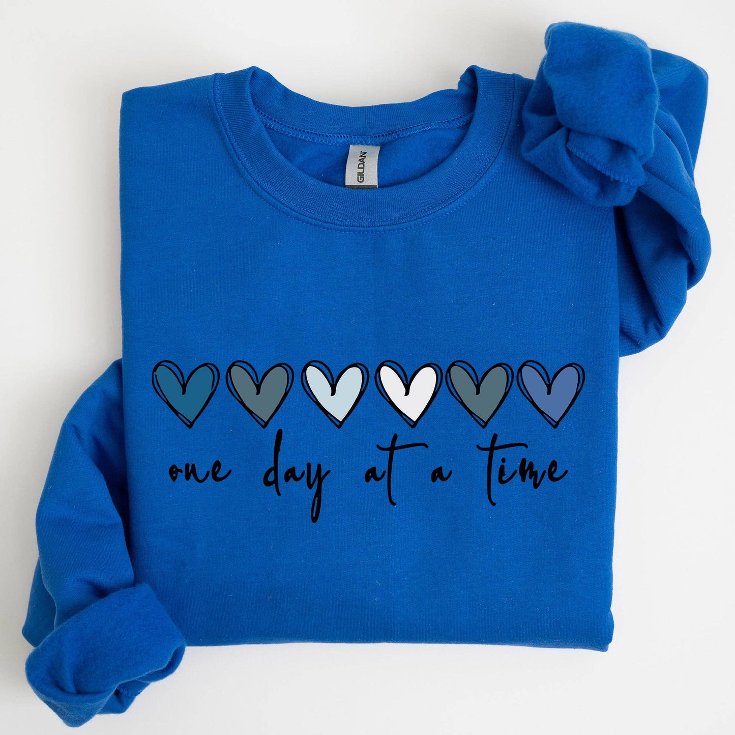 One Day At A Time, Mental Health,Wellness, Hearts Sweatshirt: White / Large
