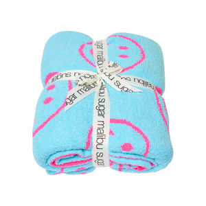 Smiley Face & Lightning Plush Throw Blankets Christmas Smiley Face Neon Fuchsia & New Sky Blue