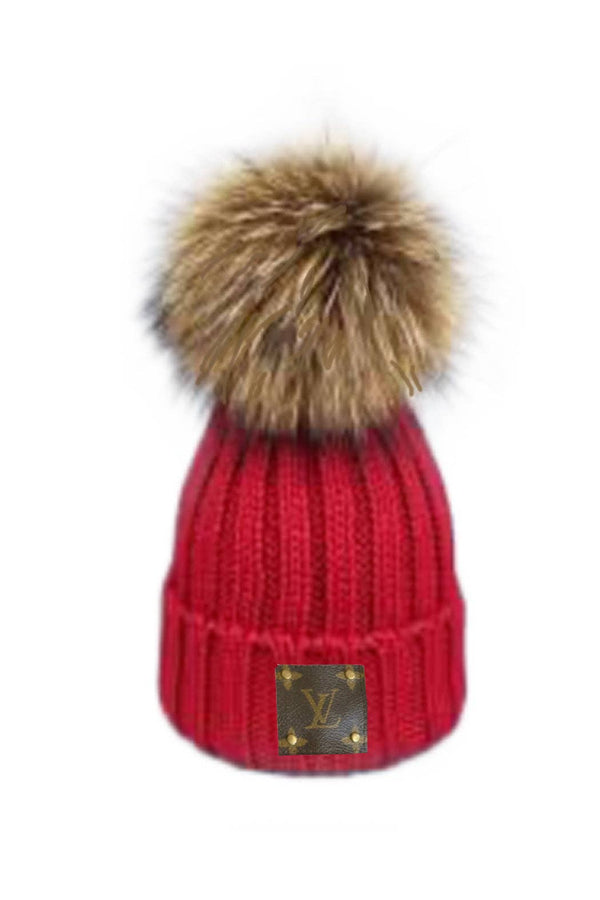Up-Cycled LV Detachable Fur Pom Beanie: Burgundy or Black