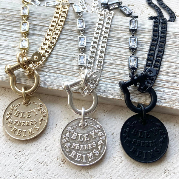 Edgy glam French champagne coin shackle necklace : Matte black